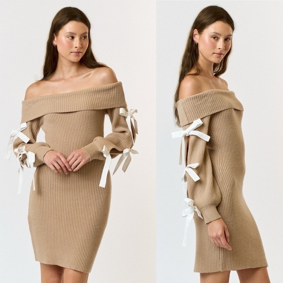 117. Ballet Core Long Sleeve Sweater Dress with Ribbon Detailing Color Latte - Picture 3 of 3